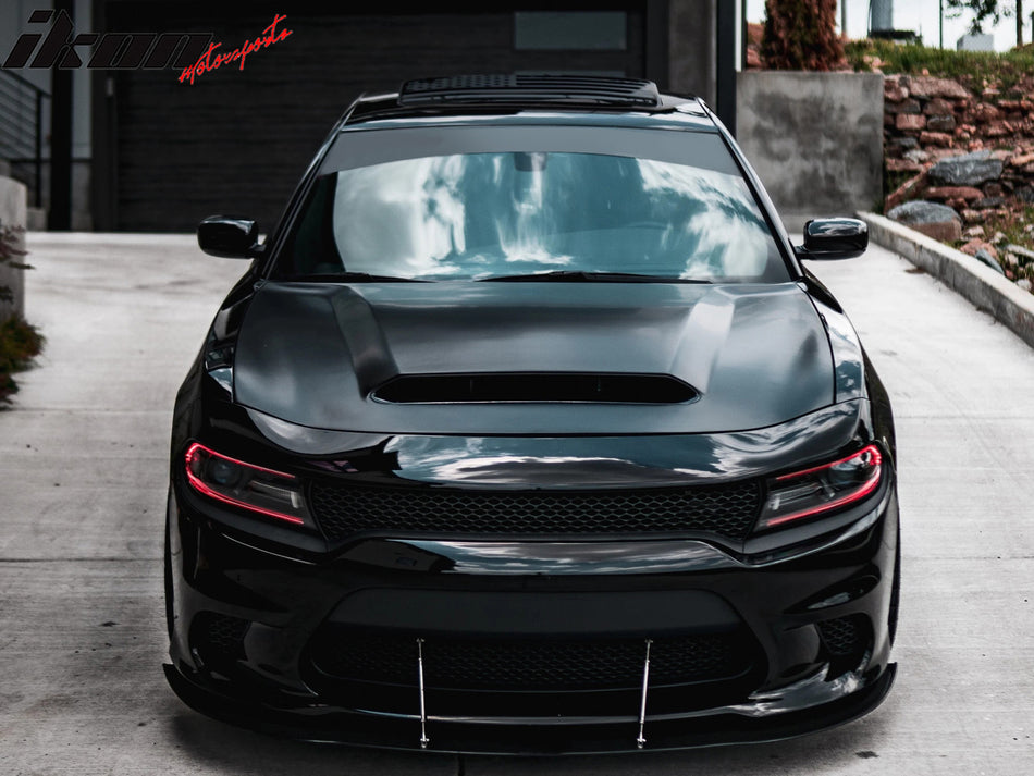 IKON MOTORSPORTS, Front Hood Compatible With 2015-2023 Dodge Charger, Demon Style Black Aluminum Bumper Hood Cover with Air Vent, 2016 2017 2018 2019 2020 2021 2022