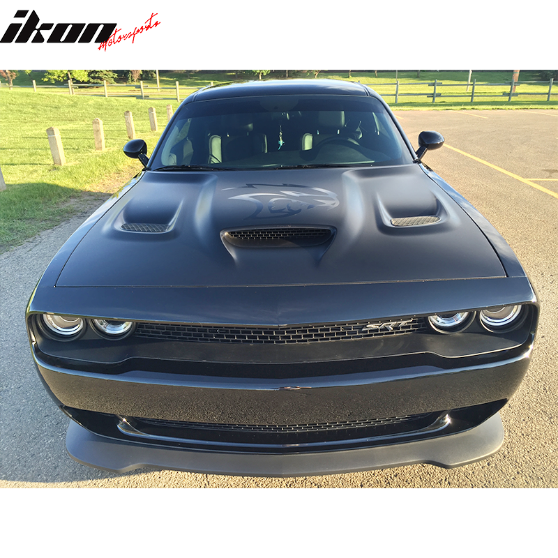 IKON MOTORSPORTS, Hood Compatible With 2008-2023 Dodge Challenger, Hellcat Style Bumper Hood Scoop With Air Intake Vents Black Aluminum, 2009 2010 2011 2012 2013 2014 2015 2016 2017 2018 2019