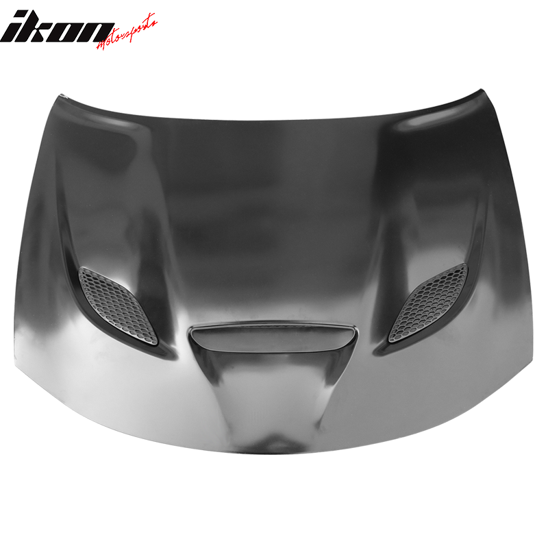 IKON MOTORSPORTS, Hood Compatible With 2015-2023 Dodge Charger, SRT Hellcat Style Hood with Scoop & Air Vent, Black Aluminum with Heat Extractor Ram Air, 2016 2017 2018 2019