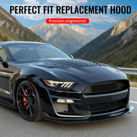 IKON MOTORSPORTS Hood Panel, Compatible with 2015-2017 Ford Mustang V6/GT/GT350 Coupe & Convertible, GT500KR Style Aluminum Black Engine Front Bumper Hood Engine Bonnet Cover