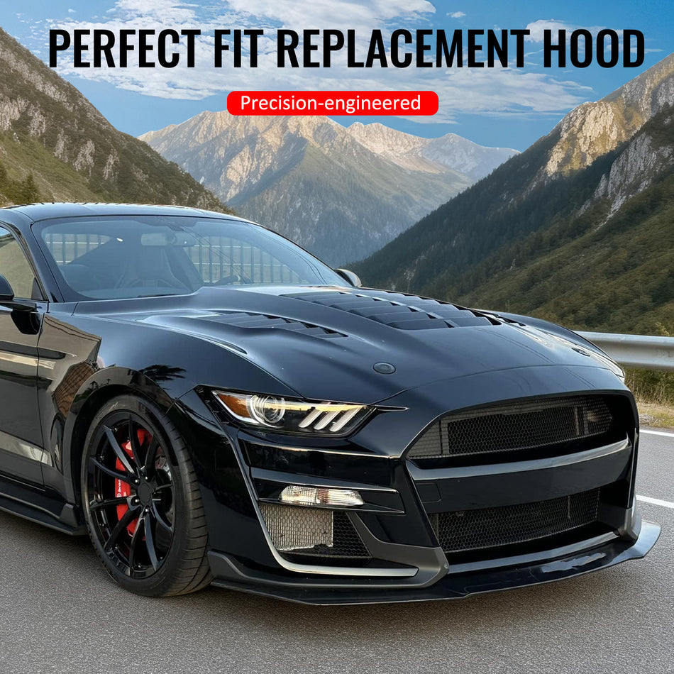 IKON MOTORSPORTS Hood Panel, Compatible with 2015-2017 Ford Mustang V6/GT/GT350 Coupe & Convertible, GT500KR Style Aluminum Black Engine Front Bumper Hood Engine Bonnet Cover