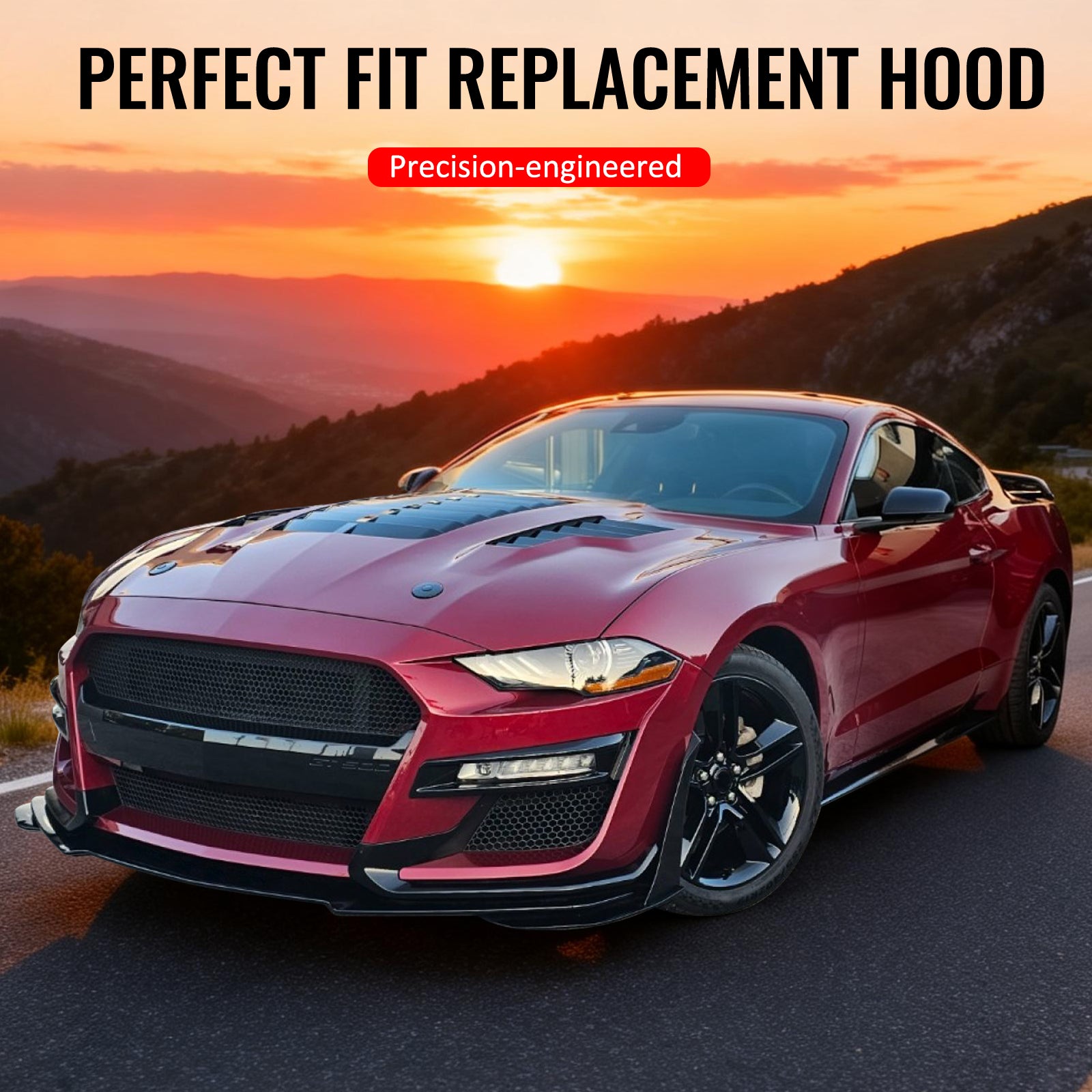 IKON MOTORSPORTS Hood Panel, Compatible with 2018-2023 Ford Mustang Ecoboost/GT/Mach 1/GT350/GT500, GT500KR Style Aluminum Black Engine Front Bumper Hood Engine Bonnet Cover