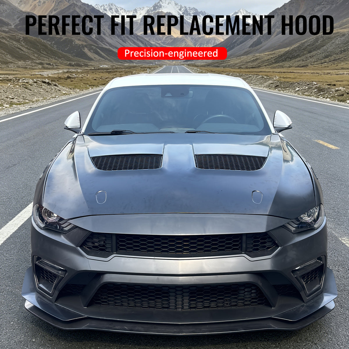IKON MOTORSPORTS Hood Panel, Compatible with 2018-2023 Ford Mustang Ecoboost/GT/Mach 1/GT350/GT500, GTD Style Aluminum Black Engine Front Bumper Hood Engine Bonnet Cover