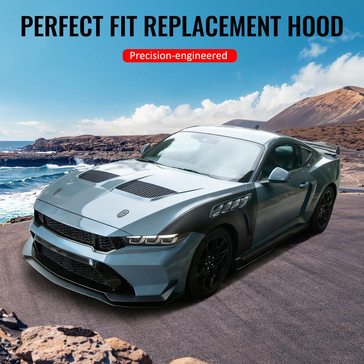 IKON MOTORSPORTS Hood Panel, Compatible with 2018-2023 Ford Mustang Ecoboost/GT/Mach 1/GT350/GT500, GTD Style Aluminum Black Engine Front Bumper Hood Engine Bonnet Cover