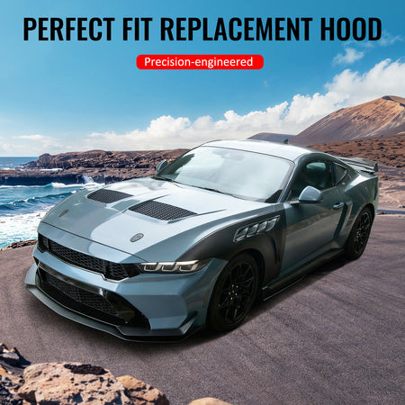 IKON MOTORSPORTS Hood Panel, Compatible with 2018-2023 Ford Mustang Ecoboost/GT/Mach 1/GT350/GT500, GTD Style Aluminum Black Engine Front Bumper Hood Engine Bonnet Cover
