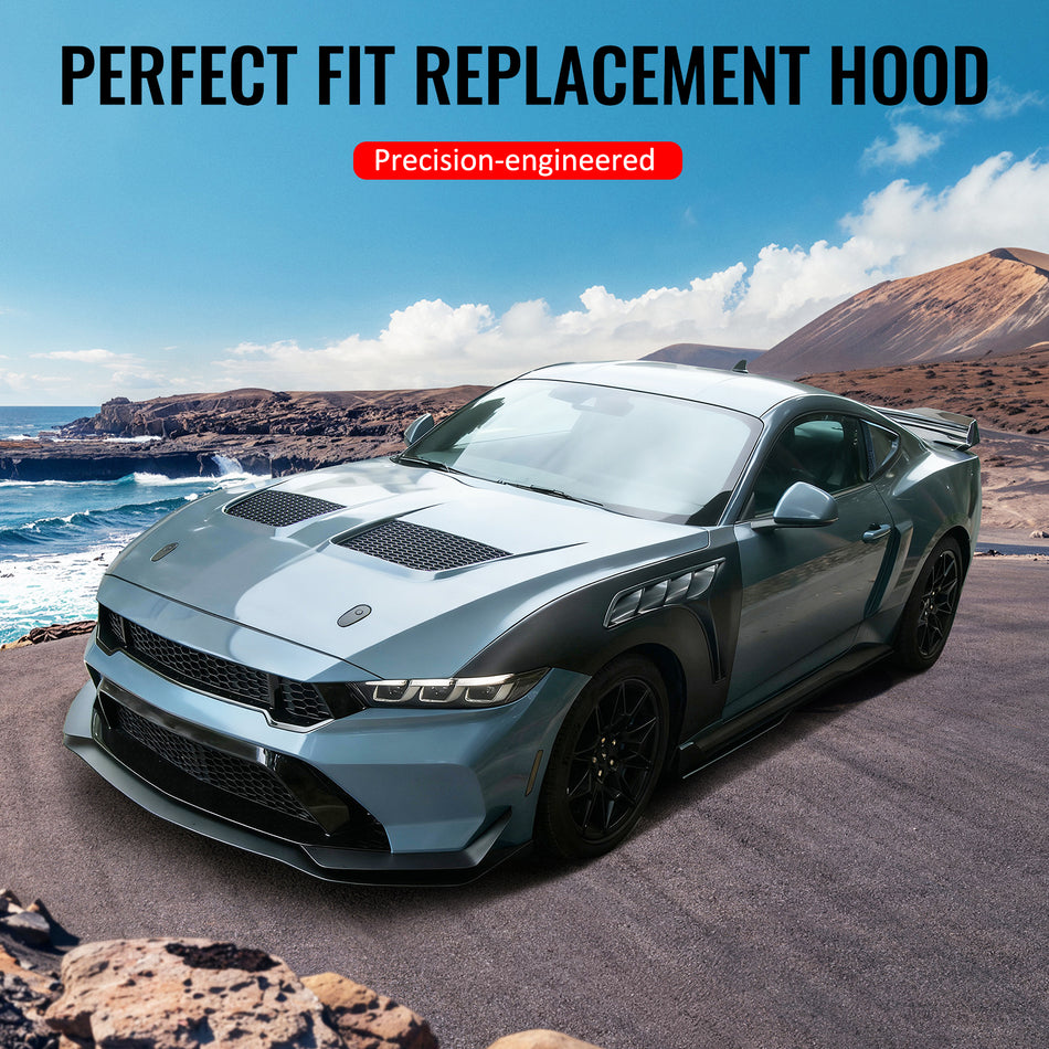 IKON MOTORSPORTS Hood Panel, Compatible with 2018-2023 Ford Mustang Ecoboost/GT/Mach 1/GT350/GT500, GTD Style Aluminum Black Engine Front Bumper Hood Engine Bonnet Cover