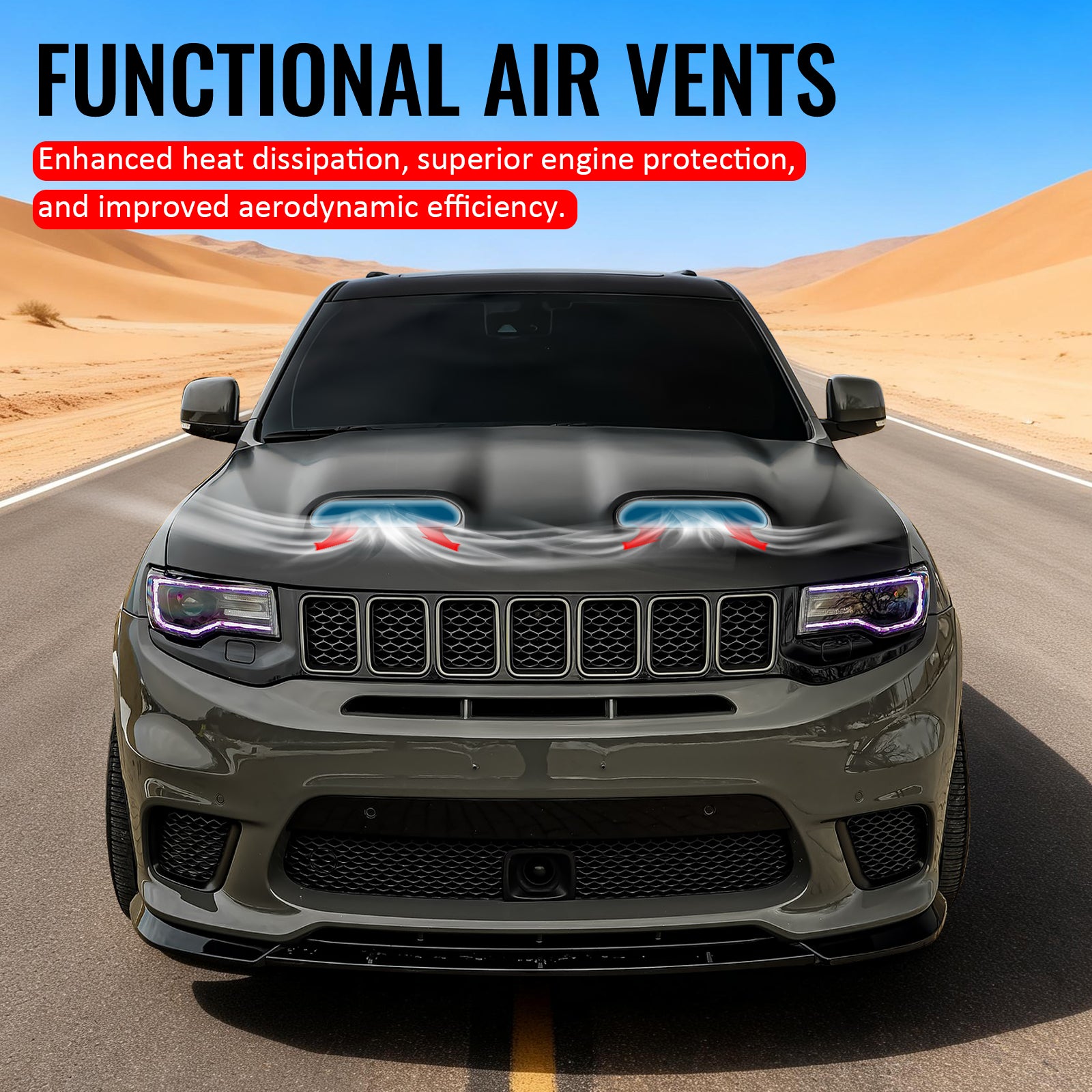 Fits 11-21 Jeep Grand Cherokee SRT Redeye Style Front Hood Bonnet Guard Aluminum