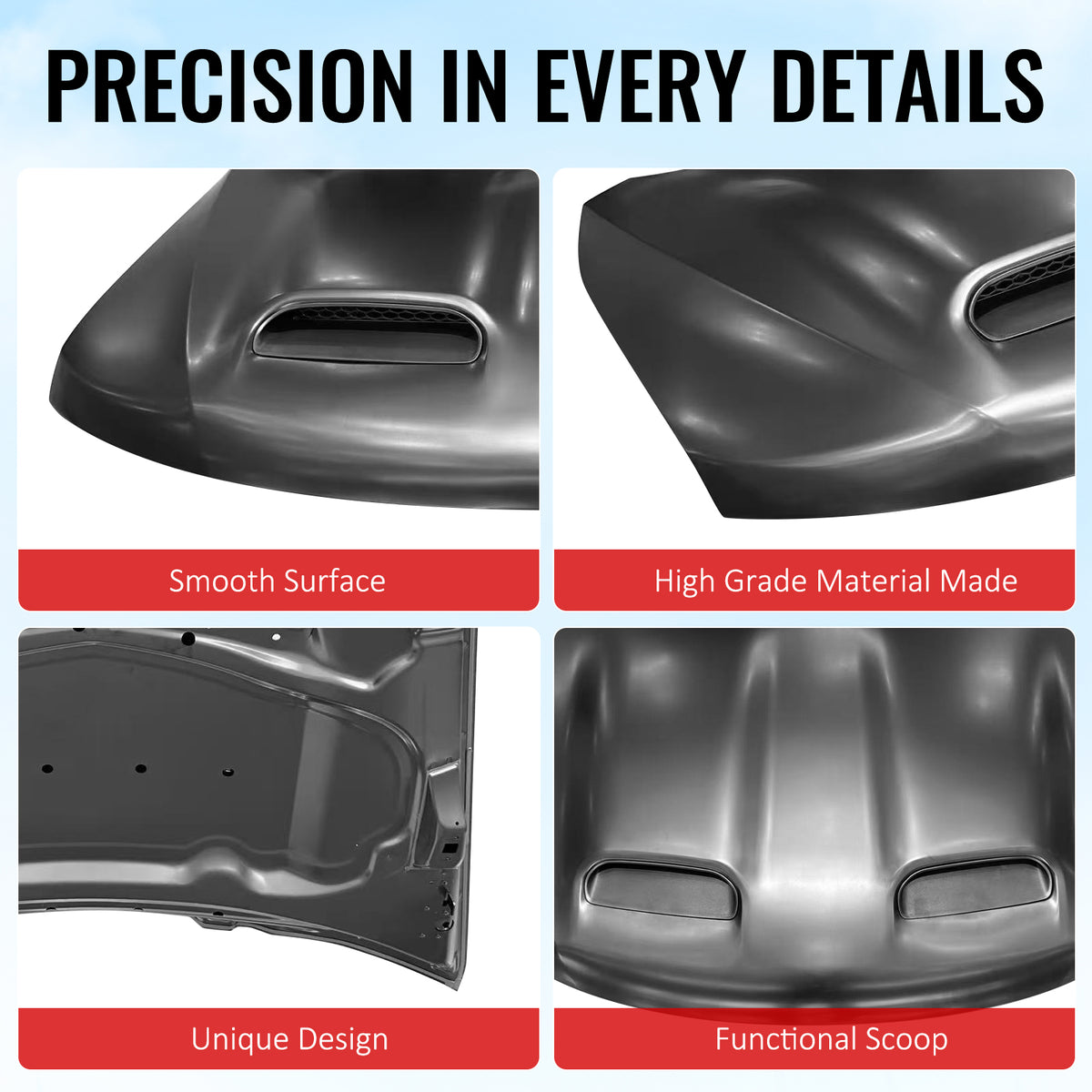 Fits 11-21 Jeep Grand Cherokee SRT Redeye Style Front Hood Bonnet Guard Aluminum