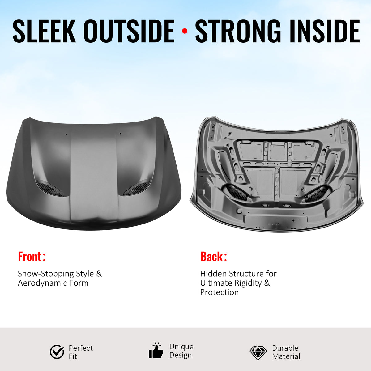 Fits 11-21 Jeep Grand Cherokee Trackhawk Style Front Hood Cover Black Aluminum