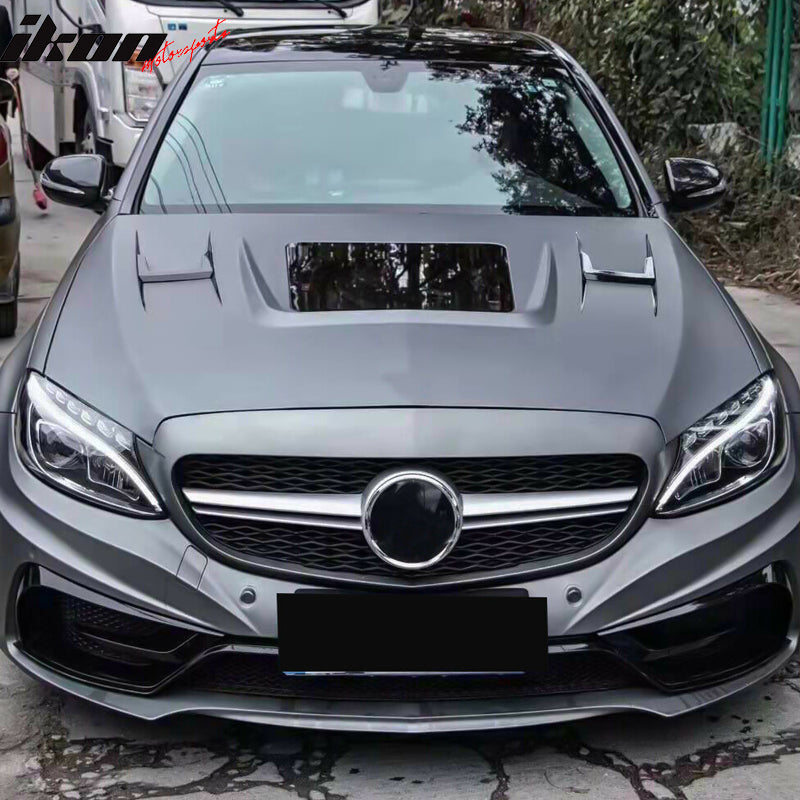 IKON MOTORSPORTS, Front Hood Compatible With 2015-2020 Mercedes-Benz W205, Iron & Toughened Glass Front Hood Bonnet Cover Trim Add On,  2016 2017 2018 2019