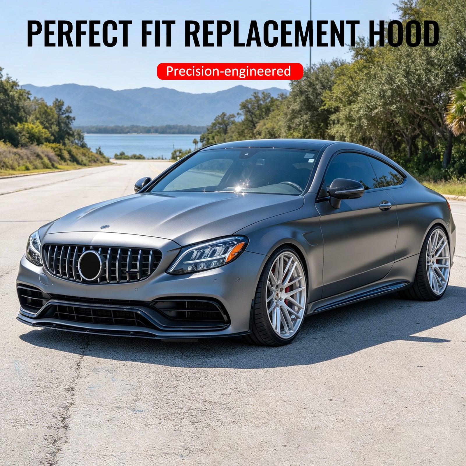 IKON MOTORSPORTS Hood Panel, Compatible with 2015–2021 Benz W205 C Class, SRT Hellcat Style Aluminum Black Front Bumper Hood Engine Bonnet Cover Replacement