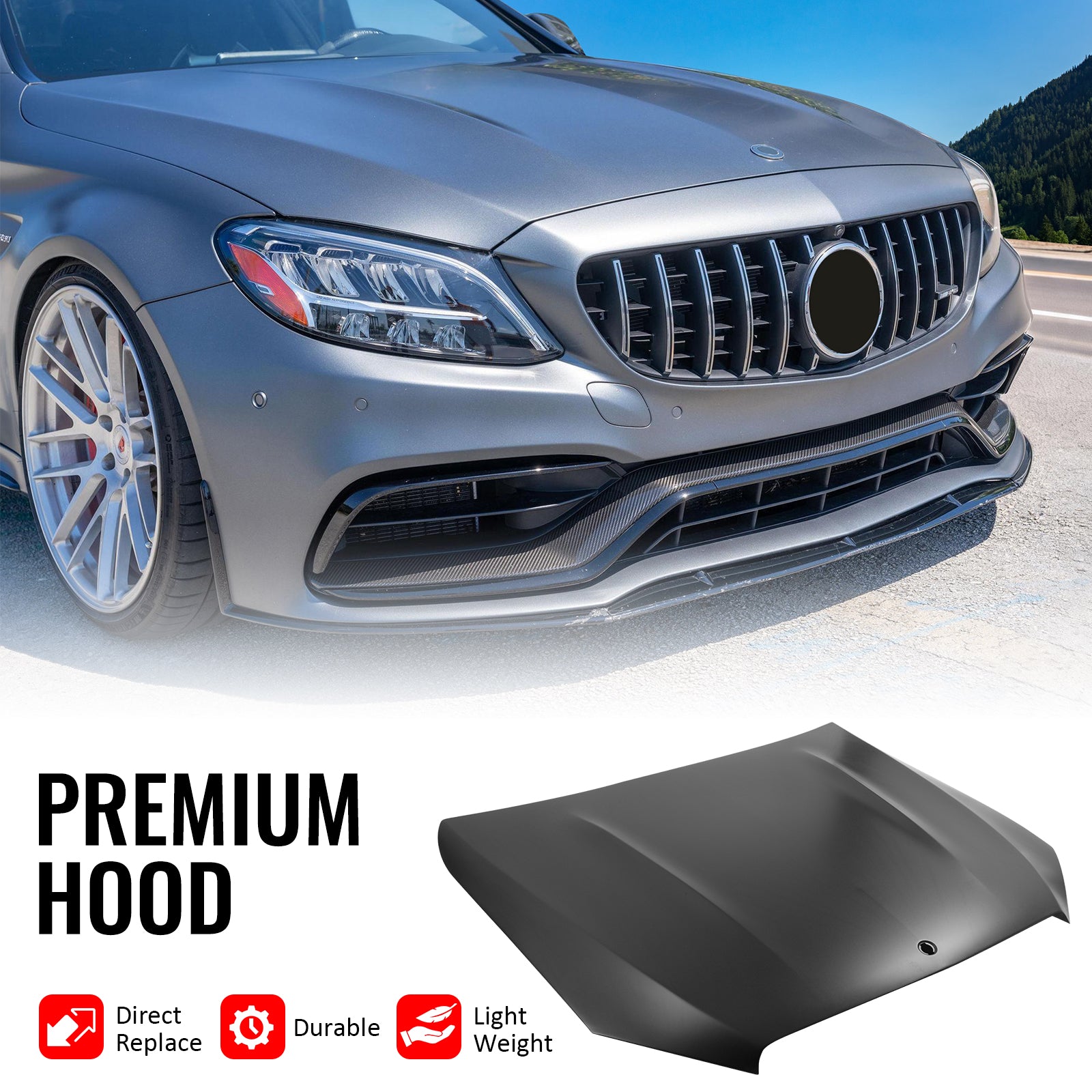 Fits 15–21 Benz C-Class W205 C63 Style Cowl Vented Extractor Front Bumper Hood