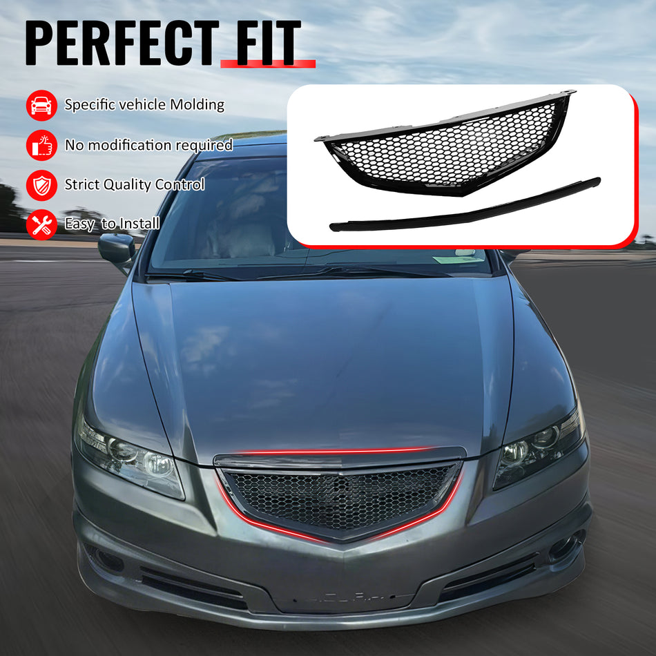 IKON MOTORSPORTS Front Upper Grille w/ Frame, Compatible with 2004-2006 Acura TL, Honeycomb Style Gloss Black ABS Replacement Front Bumper Hood Grill