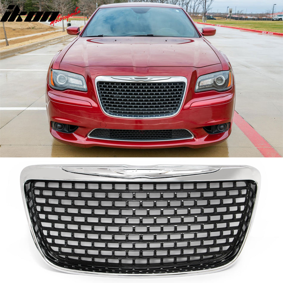 2011-2014 Chrysler 300 SRT8 Style Front Bumper Upper Grille Chrome& Gloss Black ABS Mesh Grill Replacement