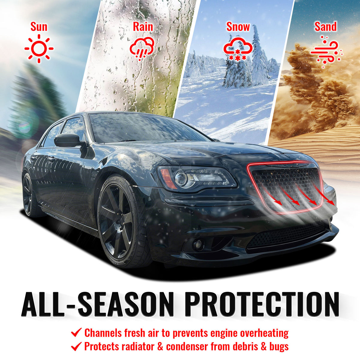 Fits 11-14 Chrysler 300 SRT8 Style Front Bumper Upper Grille Gloss Black ABS