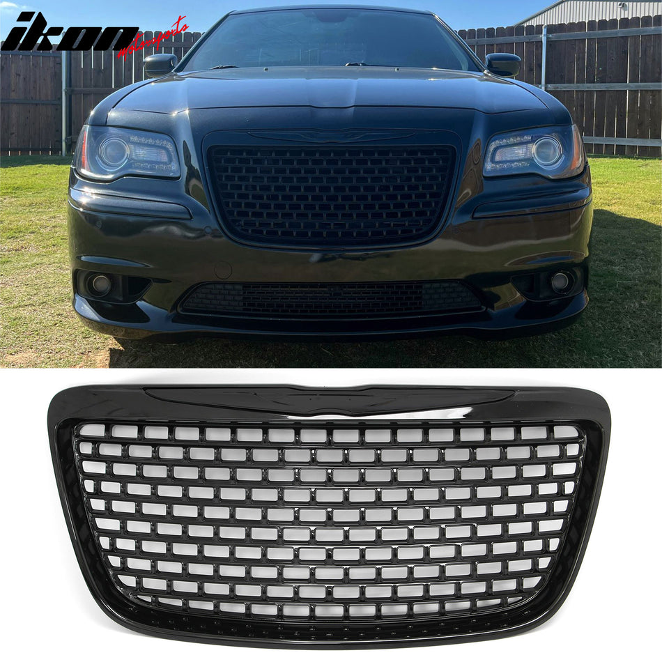 2011-2014 Chrysler 300 SRT8 Style Front Bumper Upper Grille Gloss Black ABS Mesh Grill Replacement