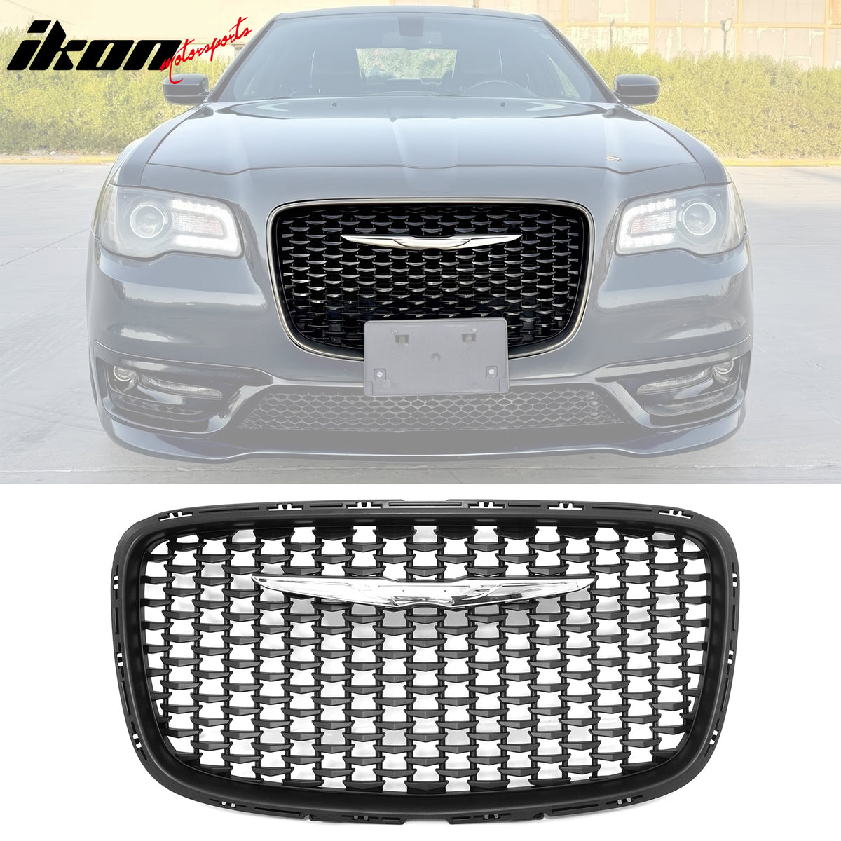 IKON MOTORSPORTS Front Upper & Lower Grilles, Compatible with 2015-2023 Chrysler 300, 300S Sport Style Matte Black ABS Front Bumper Hood Upper Grille + PP Lower Grille Clip on Replacement 2PCS