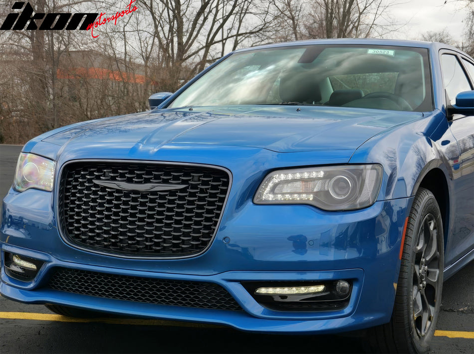 IKON MOTORSPORTS Front Upper Grille, Compatible with 2015-2023 Chrysler 300 All Models, 300S Sport Style Matte Black ABS Injection Replacement Clip on Front Bumper Hood Grill 1PC