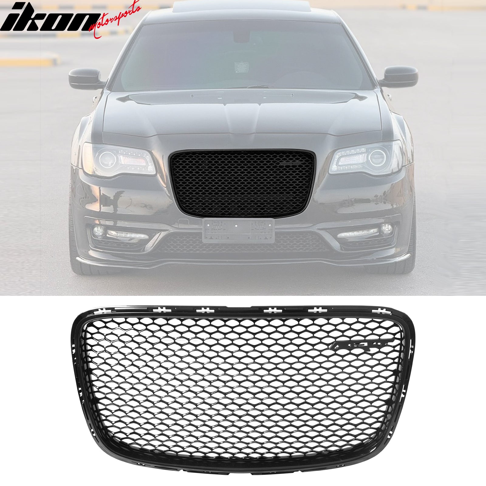 IKON MOTORSPORTS Front Upper & Lower Grilles, Compatible with 2015-2023 Chrysler 300 All Models, SRT Style Gloss Black ABS Front Bumper Hood Upper Grille + PP Lower Grille Clip on Replacement 2PCS