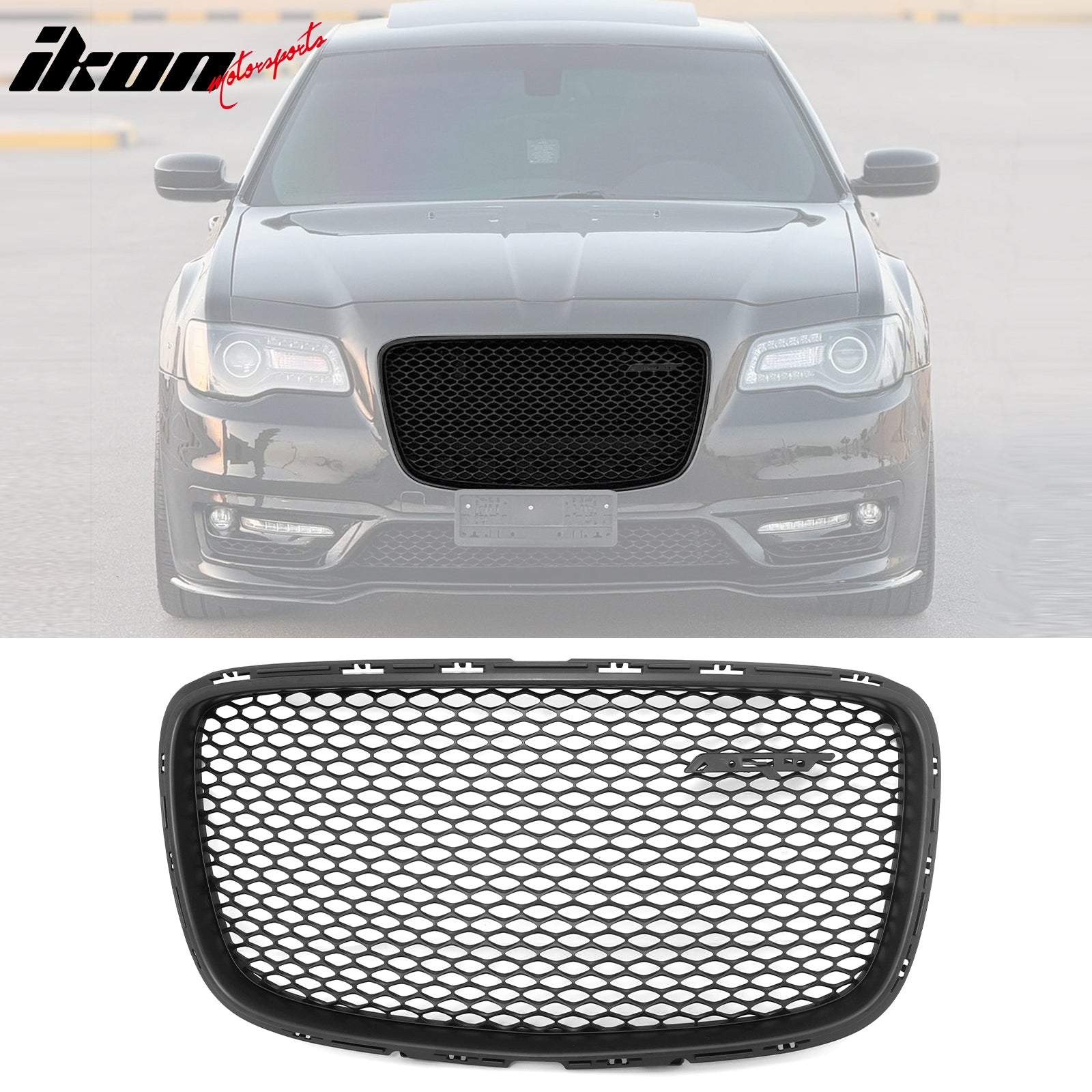 IKON MOTORSPORTS Front Upper & Lower Grilles, Compatible with 2015-2023 Chrysler 300 All Models, SRT Style Matte Black ABS Front Bumper Hood Upper Grille + PP Lower Grille Clip on Replacement 2PCS