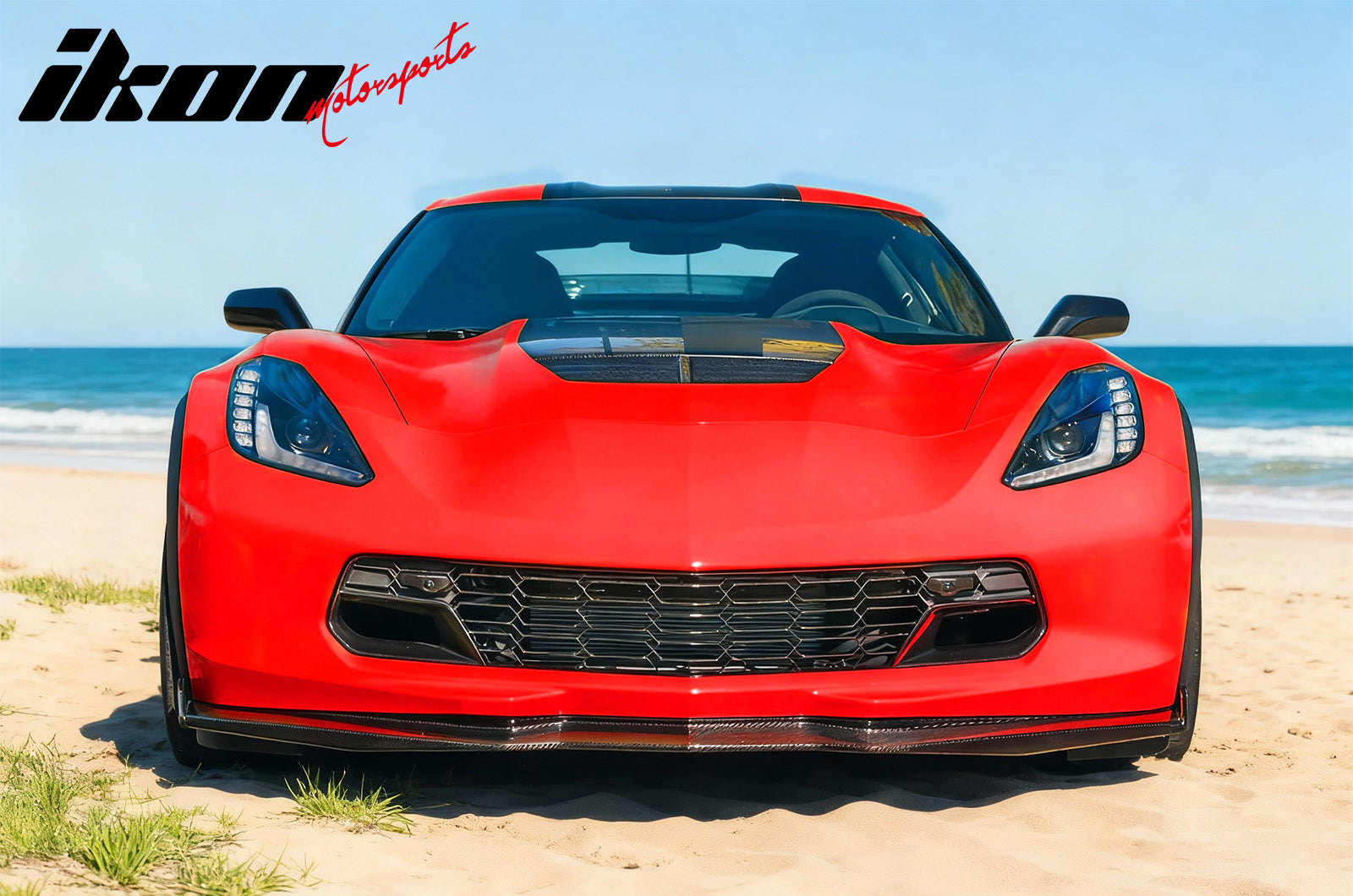 IKON MOTORSPORTS Front Grille W/ Camera Hole, Compatible with 2014-2017 Chevy Corvette C7 Stingray/Grand Sport/Z06/Z51, C7 Z06 Style Gloss Black ABS Replacement Clip on Front Bumper Hood Grill 1PC