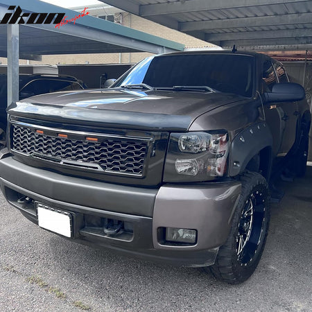 IKON MOTORSPORTS, Grille Compatible With 2007-2013 Chevrolet Silverado 1500, Front Bumper Hood Mesh Grill with Amber Signal Light Gloss Black, 2008 2009 2010 2011 2012