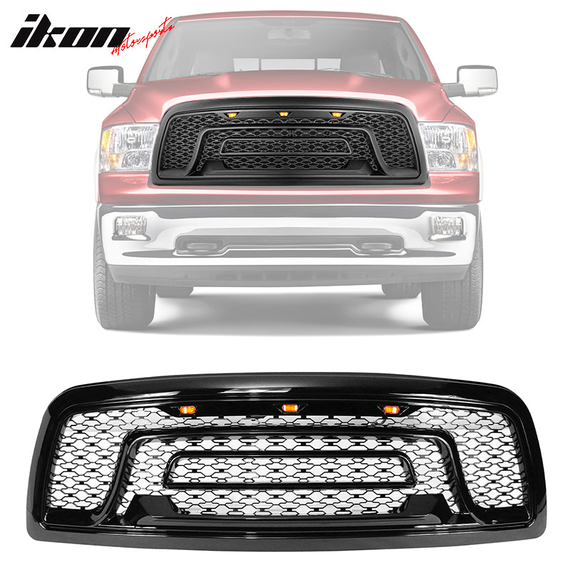IKON MOTORSPORTS, Grille Compatible With 2013-2018 Dodge Ram 1500, 2019-2023 Ram 1500 Classic,Rebel Style Front Bumper Hood Mesh Grill Gloss Black, 2014 2015 2016 2017