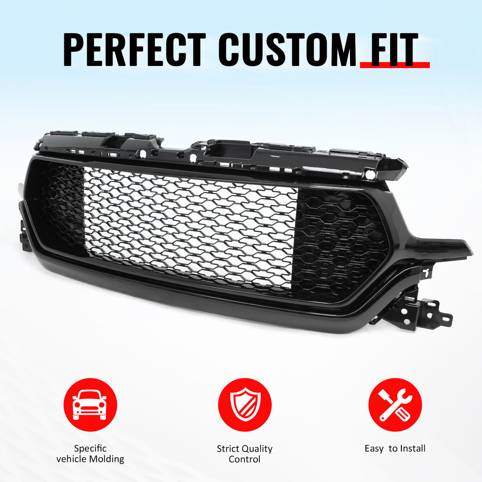 IKON MOTORSPORTS Front Upper Grille, Compatible with 2019-2024 Ram 1500 Longhorn/Laramie Longhorn/Limited/Limited Longhorn, Honeycomb Style Gloss Black ABS Replacement Front Bumper Hood Mesh Grill