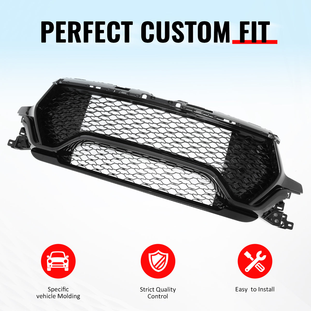 IKON MOTORSPORTS Front Upper Grille, Compatible with 2019-2024 Ram 1500 Longhorn/Laramie Longhorn/Limited/Limited Longhorn, TRX Style Gloss Black ABS Plastic Replacement Front Bumper Hood Mesh Grill