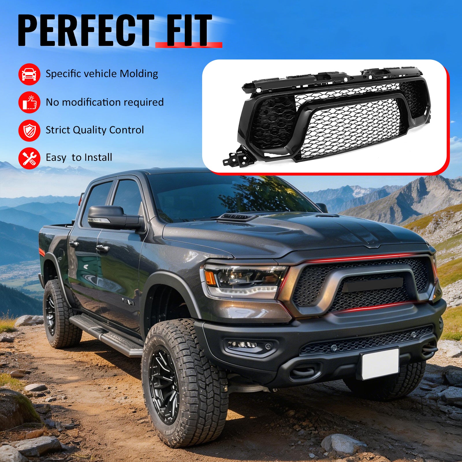 IKON MOTORSPORTS Front Upper Grille, Compatible with 2019-2024 Ram 1500 Rebel Only, OE Style Gloss Black ABS Plastic Replacement Front Bumper Hood Mesh Grill Without the Emblem 1Piece
