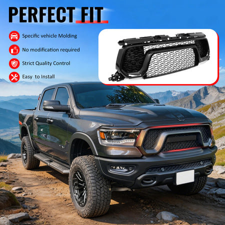 IKON MOTORSPORTS Front Upper Grille, Compatible with 2019-2024 Ram 1500 Rebel Only, OE Style Gloss Black ABS Plastic Replacement Front Bumper Hood Mesh Grill Without the Emblem 1Piece