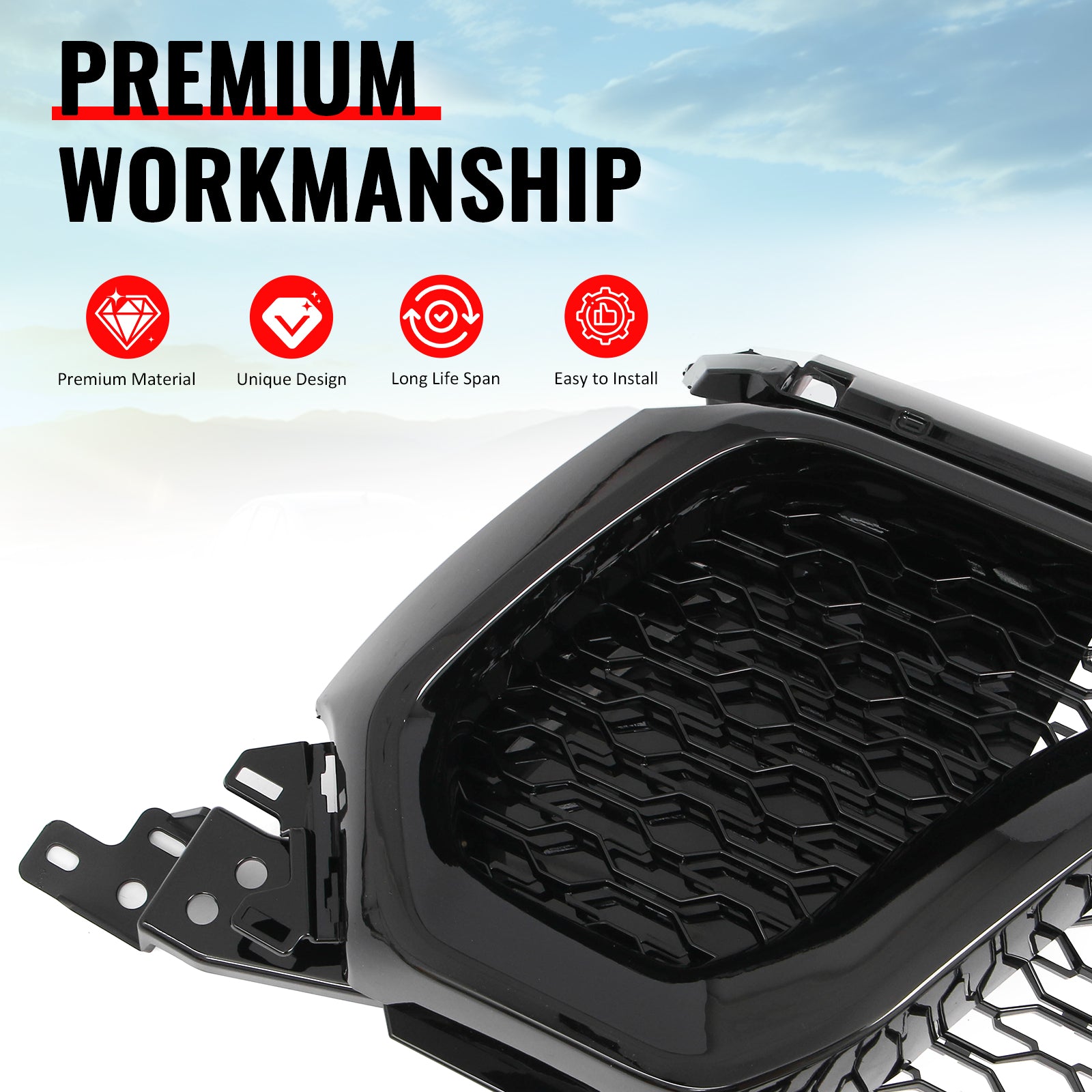 For 19-24 Ram 1500 Rebel OE Style Front Bumper Hood Grille Cover Gloss Black ABS