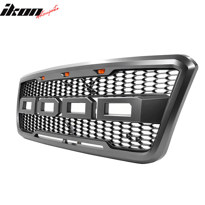 Fits 04-08 Ford F-150 R Style Front Bumper Upper Grille W/ LED Lights Grey ABS