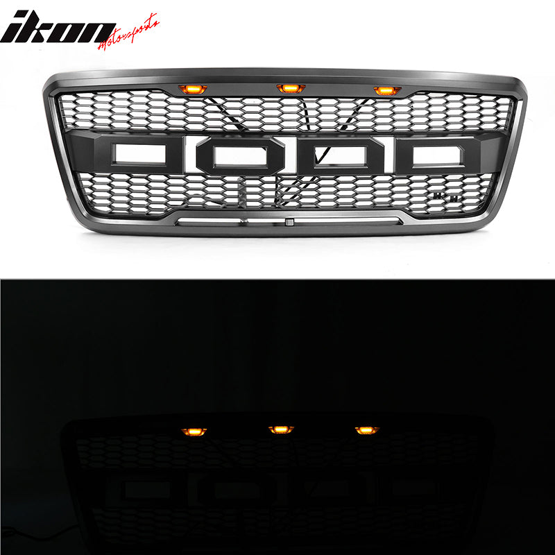Fits 04-08 Ford F-150 R Style Front Bumper Upper Grille W/ LED Lights Grey ABS