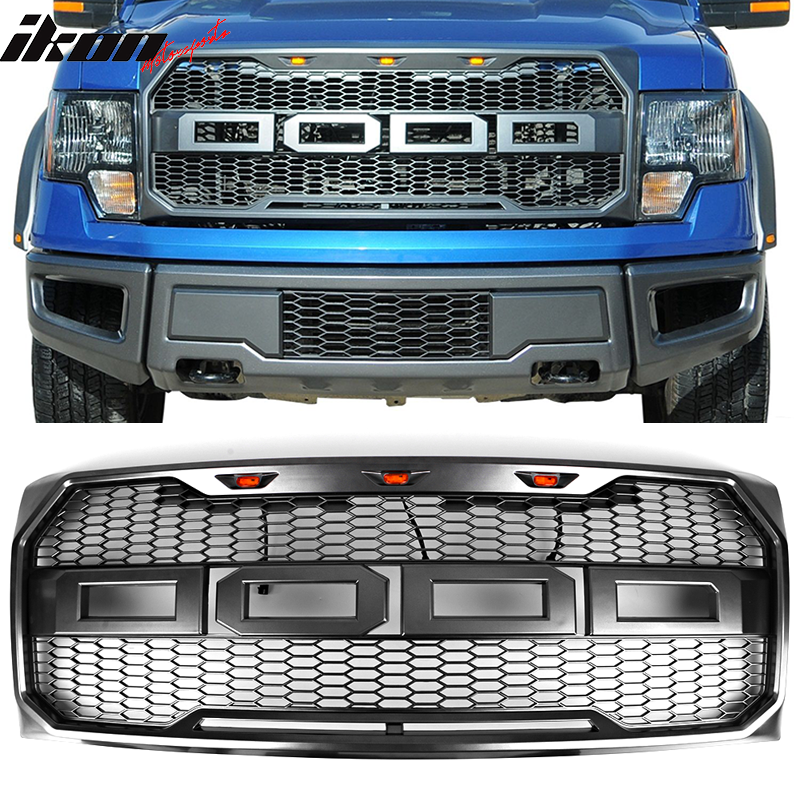 IKON MOTORSPORTS, Front Grille Compatible With 2009-2014 Ford F-150 R Style Front Bumper Grille Matte Black