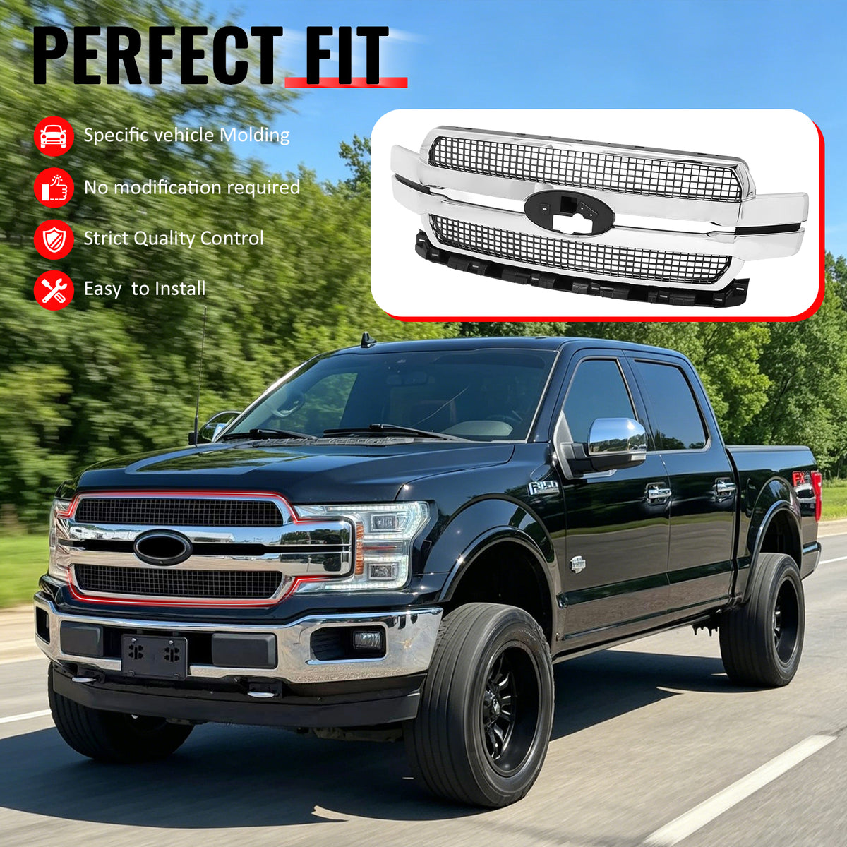 Fits 2018-2020 Ford F-150 King Ranch Style Front Mesh Grille Chrome ABS