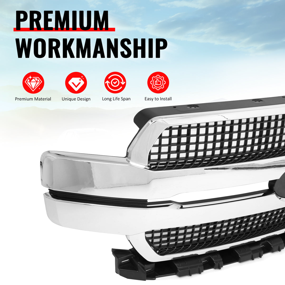 Fits 18-20 Ford F-150 King Ranch Lariat Platinum Front Upper Mesh Grille Chrome