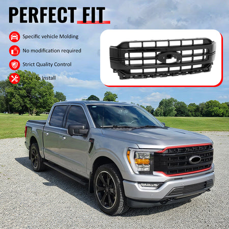 Fits 2021-2023 Ford F-150 Lariat Style Front Mesh Grille Gloss Black ABS