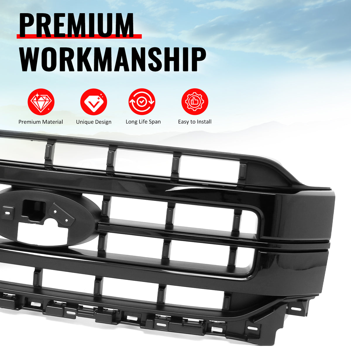 Fits 21-23 Ford F-150 King Ranch Lariat Platinum Upper Mesh Grille Gloss Black