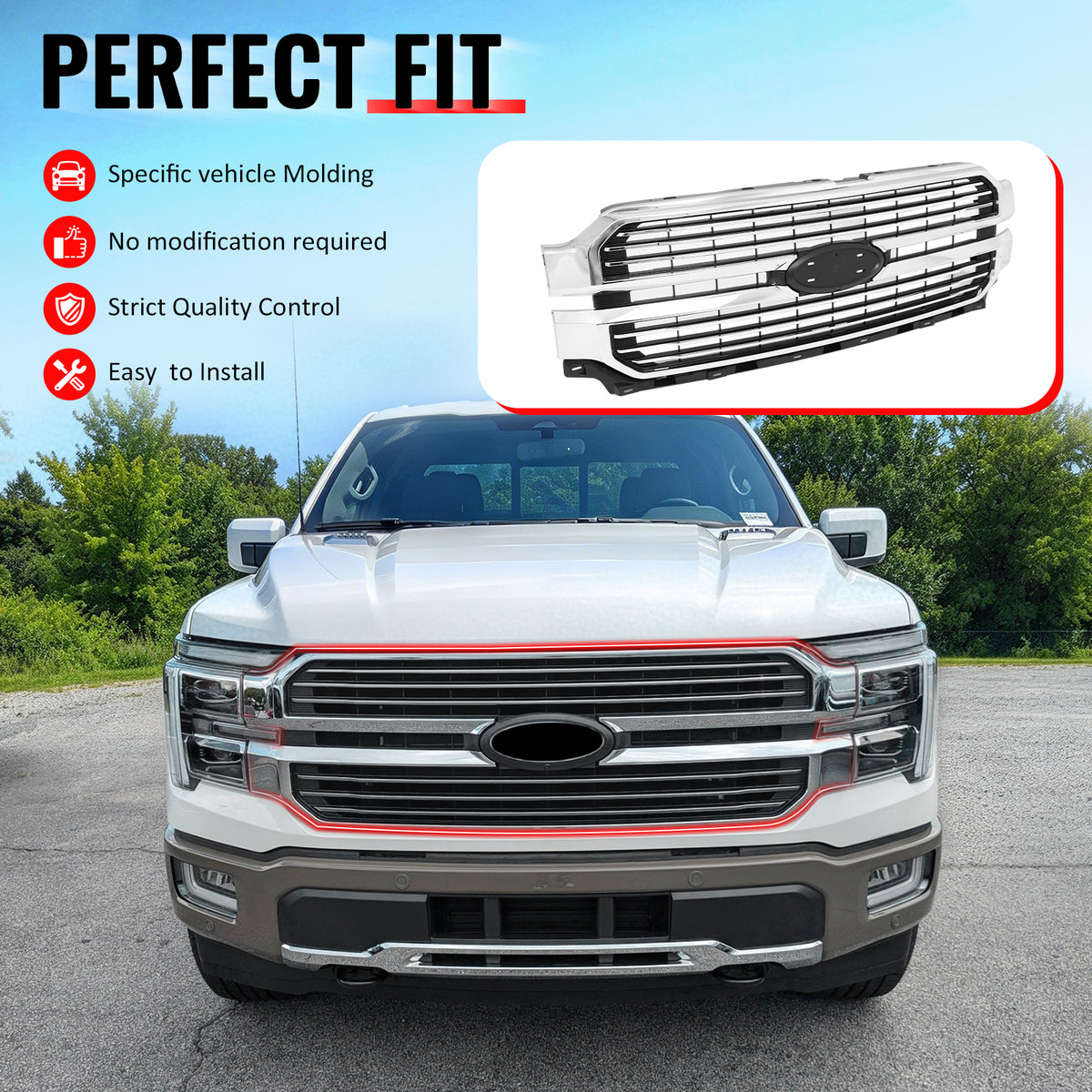 Fits 2024-2026 Ford F-150 King Ranch Style Front Mesh Grille Chrome ABS
