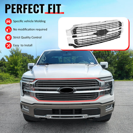 Fits 2024-2026 Ford F-150 King Ranch Style Front Mesh Grille Chrome ABS