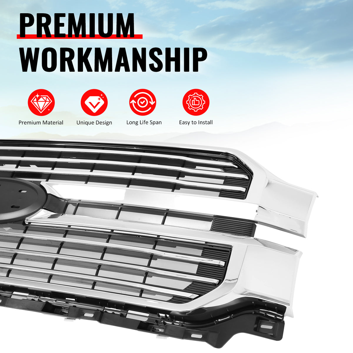 Fits 24-26 Ford F-150 King Ranch Lariat Platinum Front Upper Mesh Grille Chrome