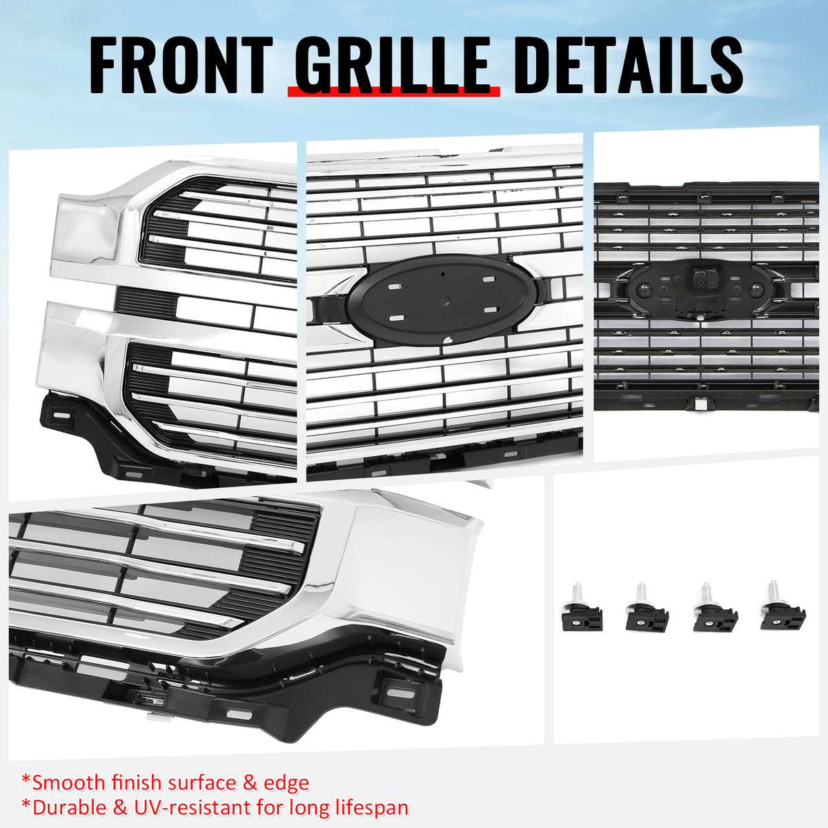 Fits 24-26 Ford F-150 King Ranch Lariat Platinum Front Upper Mesh Grille Chrome