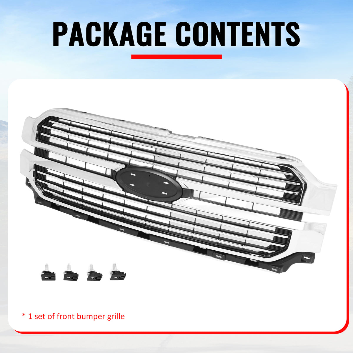 Fits 24-26 Ford F-150 King Ranch Lariat Platinum Front Upper Mesh Grille Chrome