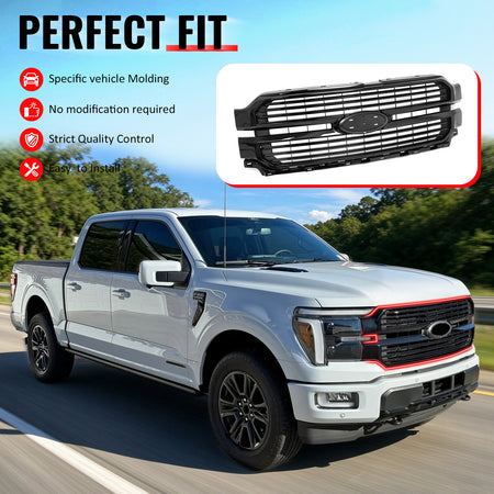 Fits 2024-2026 Ford F-150 Platinum Style Front Mesh Grille Gloss Black ABS