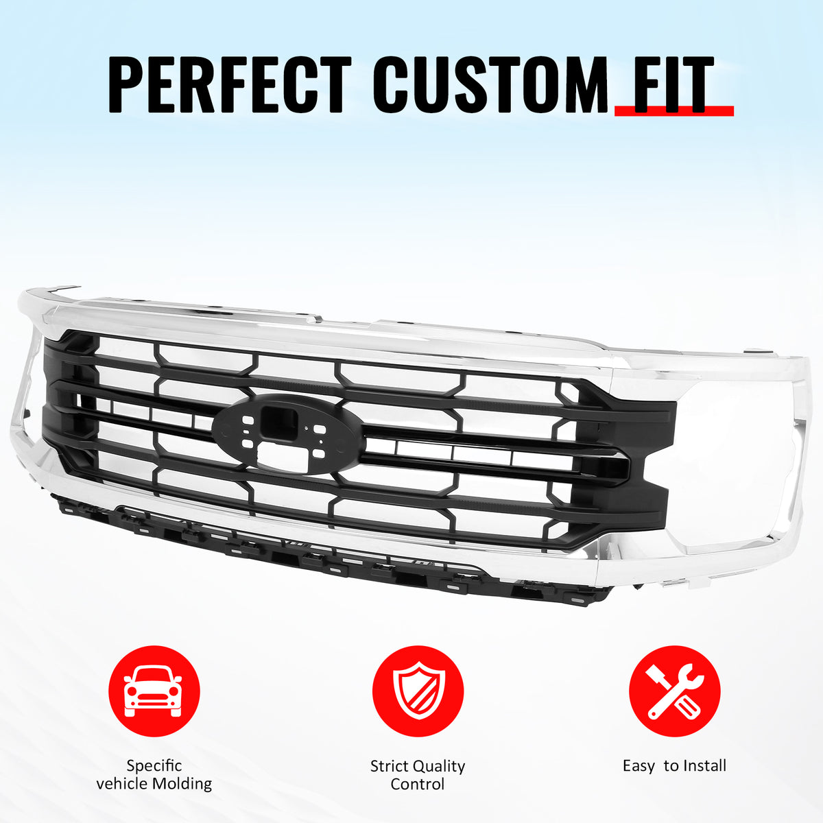 Fits 2024-2026 Ford F-150 XLT Style Front Mesh Grille Trim Chrome ABS