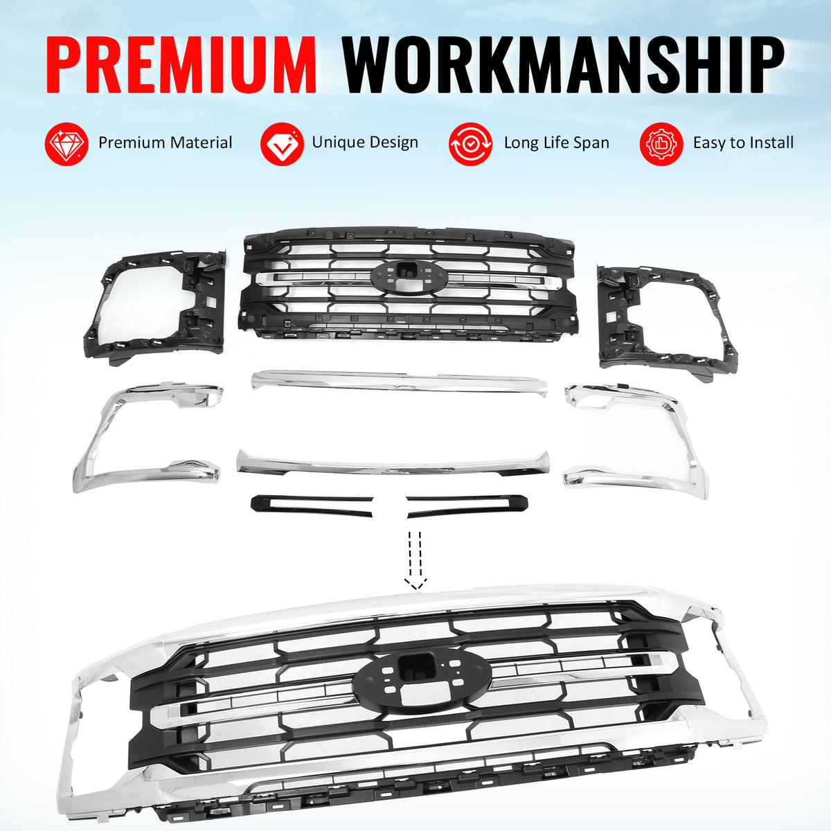 Fits 24-26 Ford F-150 XL STX XLT Tremor XLT Style Front Mesh Grille Cover Chrome