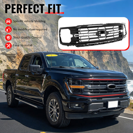 Fits 2024-2026 Ford F-150 XLT Style Front Mesh Grille Trim Gloss Black ABS