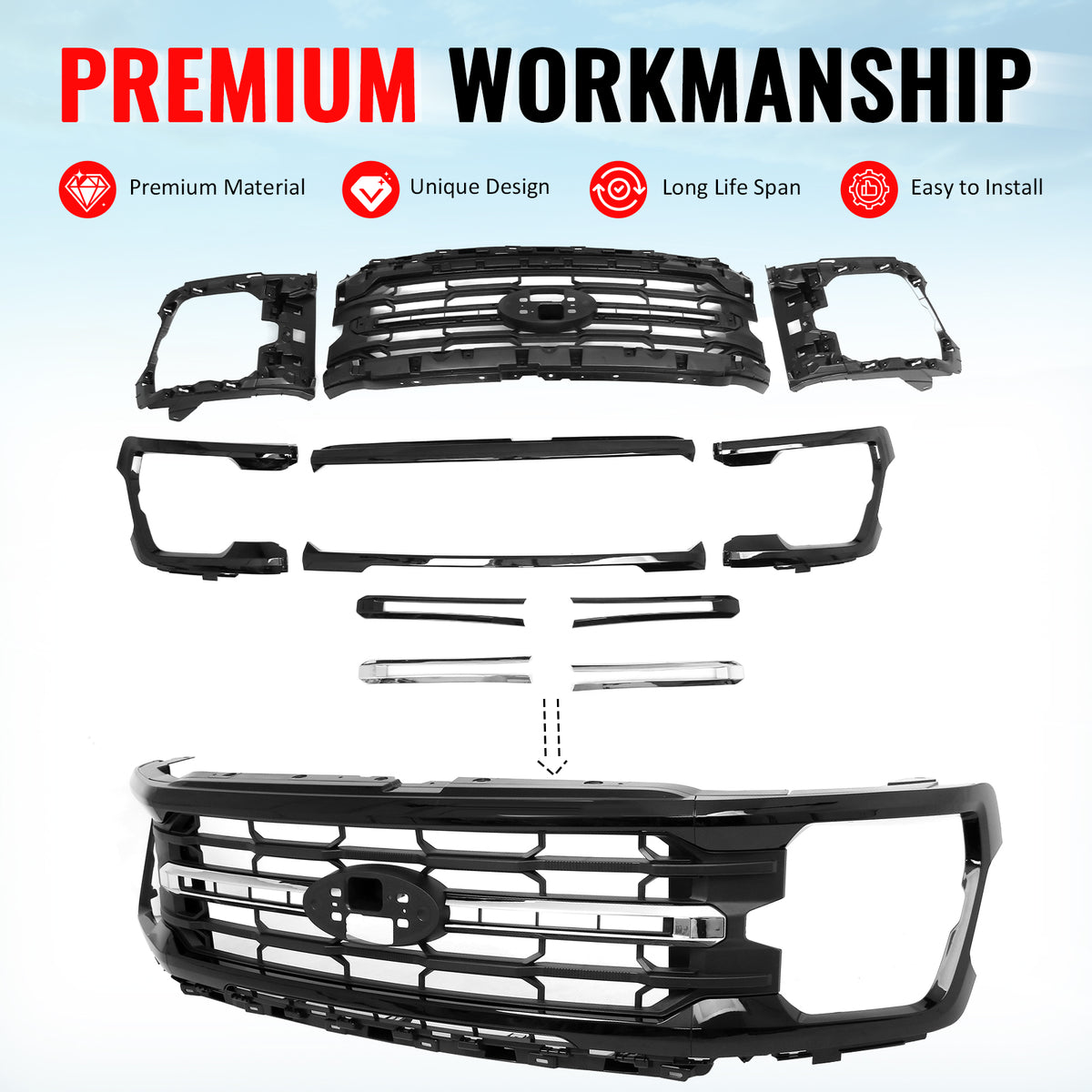 Fits 24-26 Ford F-150 XL STX XLT Tremor XLT Style Front Mesh Grille Gloss Black