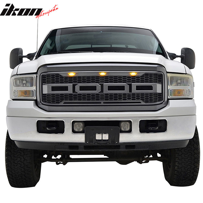 Packaged Grille Compatible With 2005-2007 Ford F250 & 350, R Style Charcoal Gray ABS Front Bumper Grille Hood Mesh Guard by IKON MOTORSPORTS, 2006